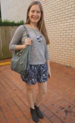 Grey Knits and Soft Shorts In Autumn With Balenciaga Tempete Day Bag