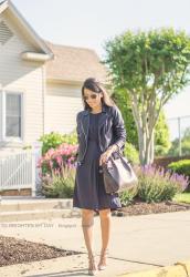 Navy Knit Dress & Black Leather Jacket