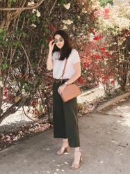 t-shirt + green pants