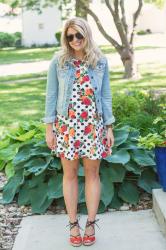 Floral + Polka Dot Swing Dress with a Jean Jacket.