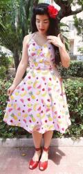 LindyBop 'Myrtle' Pink Fruit Print Halterneck Swing Dress