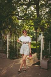 Outfit: floral embroidery and fringe sandals