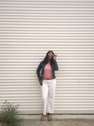 Coral Stripe Tee + White Crop Wide Leg Jeans