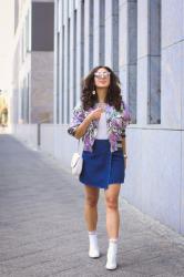 White Boots and Denim Mini Skirt