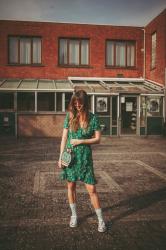 Outfit: floral wrap dress, Happysocks and hummingbird sneakers