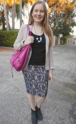 Office Style: Textured Pencil Skirts, Black Tanks and Magenta Balenciaga Day Bag