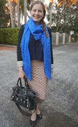 Winter Office Wear: Louis Vuitton Bleu Monogram Shawl With Pencil Skirts And Blazers