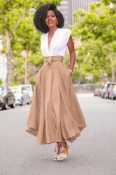 Draped Bodysuit + High Waist Belted Midi Skirt