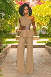 One Shoulder Peplum Top + High Waist Wide Leg Pants