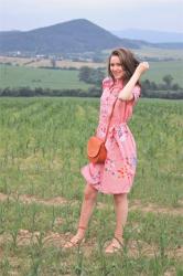 In the Field :: Folk Vibes : Button Up Floral Red Dress, Leather Sandals and Leather Bag