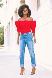 Ruched Off Shoulder Top + Distressed Boyfriend Jeans