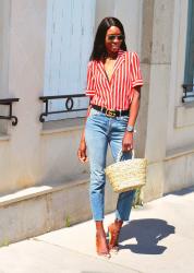 Denim and red stripes