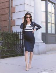 Summer workwear // navy knit skirt + mixed prints