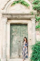 Sunset maternity photos in floral lace maxi dress