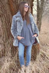 CASUAL LOOK - GRAY FUR COAT AND BLOUSE 