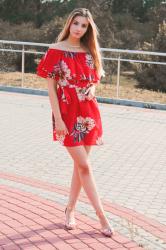 red floral dress