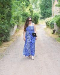 Blue Floral Print Shirred Maxi Dress Outfit