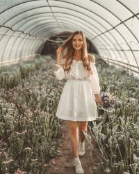 White dress and photos in glasshouse