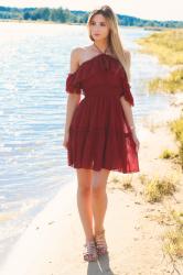 burgundy off the shoulder dress