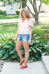 White Eyelet Blouse + Orange Slides.