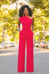 Red One Shoulder Drape Jumpsuit