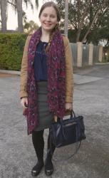 Navy Tops, Grey Pencil Skirts and Purple Scarves With Trench Coats and Rebecca Minkoff Regan