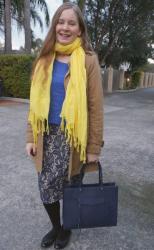 Colourful Winter Office Wear: Blue and Yellow Pencil Skirt Outfits