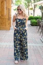 Navy Floral Jumpsuit + White Studded Sandals.