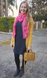 Colourful Winter Outfits: Navy Dresses and Pink Skull Scarves