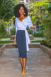 Wrap Button Down Shirt + Pencil Midi Skirt