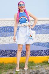 {Outfit}: Rainbow Crop Top + Light Blue Skirt