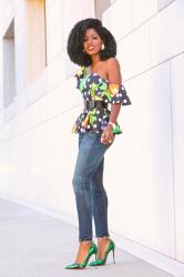 Off Shoulder Printed Peplum + Ankle Length Jeans