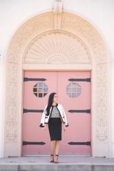 Classic Fall Work Outfit: Tweed Open Jacket, Leopard Print and Pearls