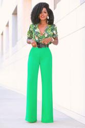 Print Button Down Shirt + High Waist Wide Leg Pants