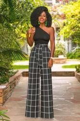 One Shoulder Tank + Belted High Waist Windowpane Pants
