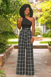 One Shoulder Tank + Belted High Waist Windowpane Pants