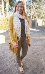 Green Pants With Mustard Rebecca Minkoff Micro Regan Bag and Cosy Cardigans