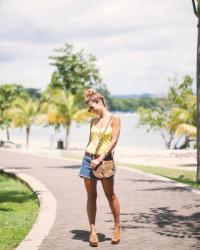 MESSY BUN, YELLOW TOP & DENIM SHORTS