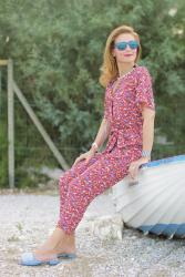 Floral jumpsuit and baby blue furry slippers