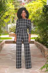 Off Shoulder Windowpane Jumpsuit