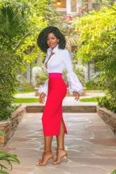 Button Down + Color Block Waist Pencil Skirt