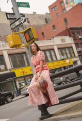 Self Portrait Red Polka Dot Maxi Dress with Matching Red Eyeshadow look