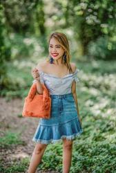 Off The Shoulder + Asymetrical Denim Skirt