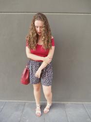 Flowered shorts and red top