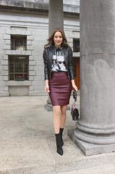 Autumn Elegant and Edgy Outfit - Homage T-Shirt, Leather Skirt and Sock Boots