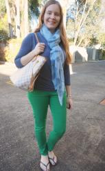 Blue Wrap Tops And Colourful Skinny Jeans With Louis Vuitton Neverfull Tote