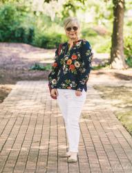 Navy Floral Popover & White Jeans