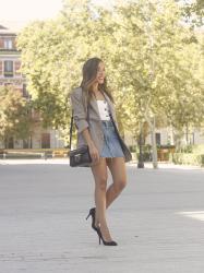 Houndstooth Blazer With Denim Skirt