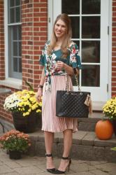 Floral Tie Front Top & Pink Pleated Skirt 