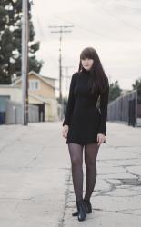 black reformation dress + sparkly tights